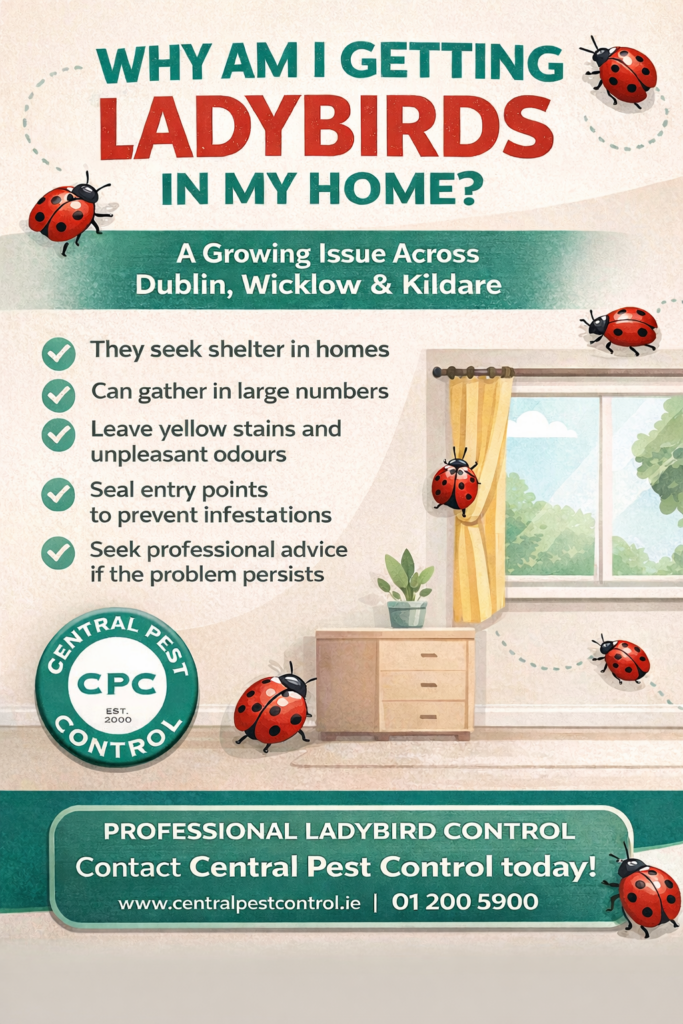 Professional Ladybird Control in Dublin, Wicklow & Kildare At Central Pest Control, we’ve helped many homeowners across Dublin, Wicklow, and Kildare manage recurring ladybird infestations.