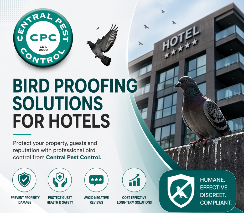 At Central Pest Control, we specialise in professional bird proofing solutions for hotels, helping you maintain a clean, safe, and welcoming environment.