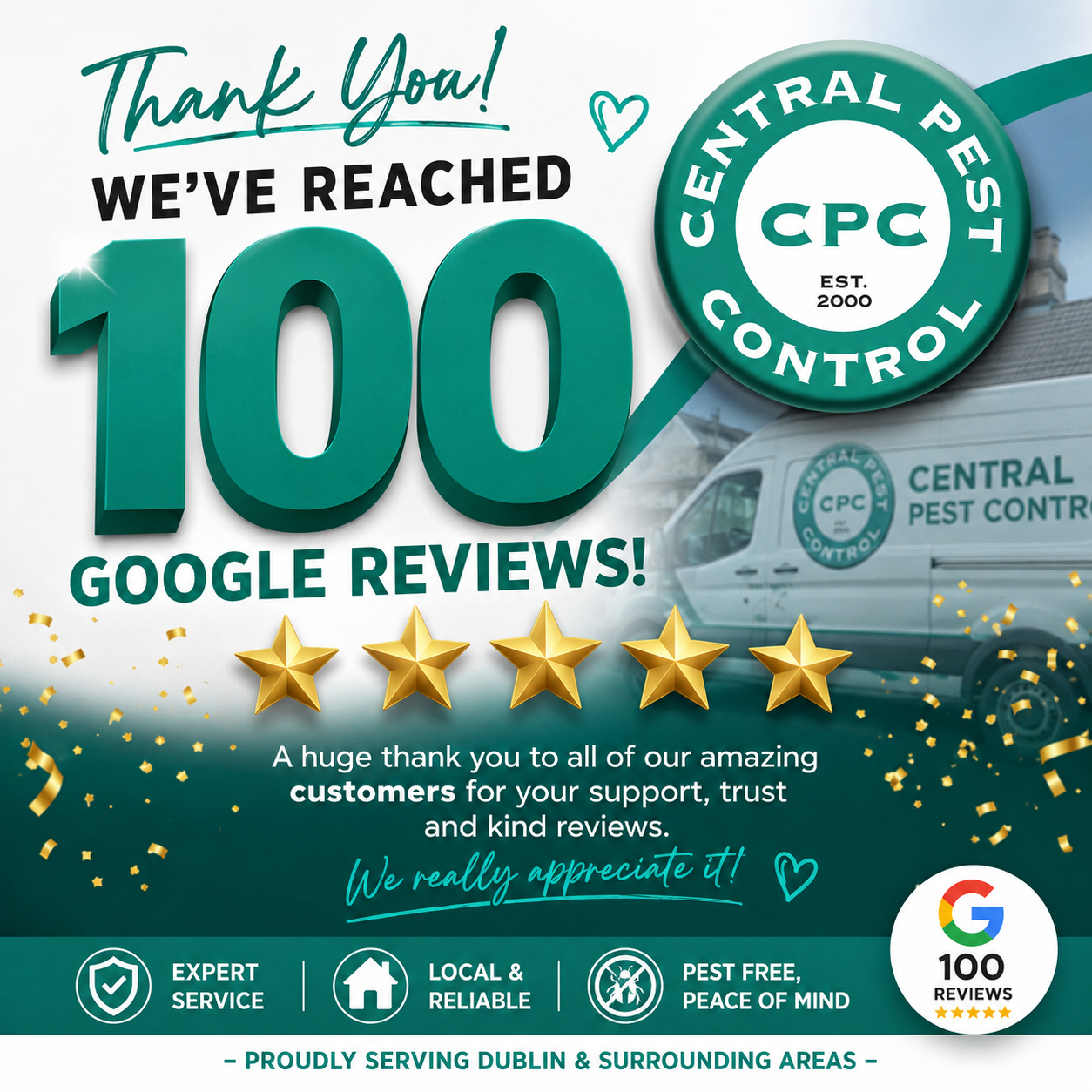 Central Pest Control Celebrates 100 Google Reviews | Trusted Pest Control Dublin