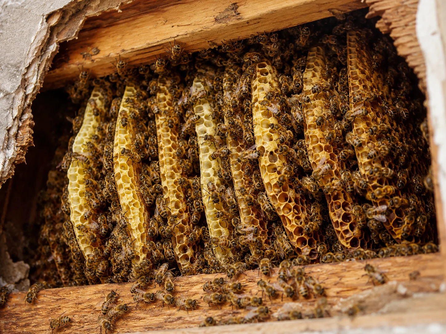 A dense mass of golden-brown honey bees nesting inside a cavity and building a waxy honeycomb structure.