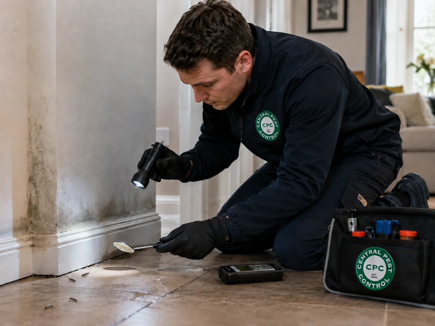 A professional pest control technician inspecting damp crevices and baseboards for signs of a silverfish infestation in a home.