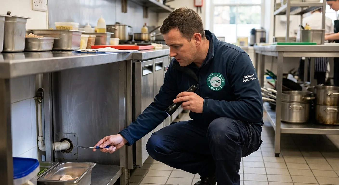 A certified pest control specialist performing a routine risk assessment in a Dublin café kitchen to secure entry points against rats.