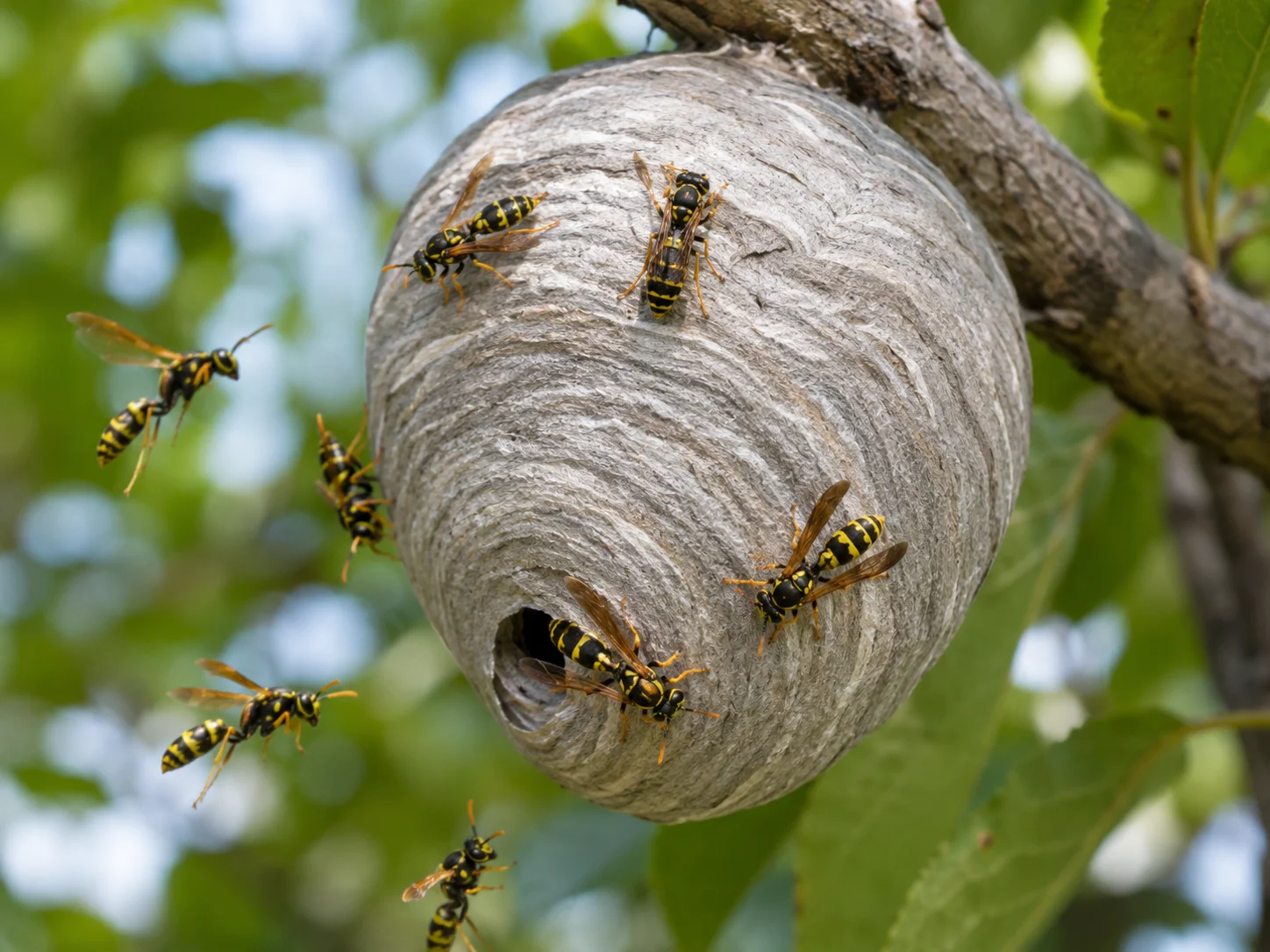 A smooth, papery grey nest built by wasps, showing a distinctive swirled pattern, with glossy yellow-and-black wasps displaying distinct narrow waists.