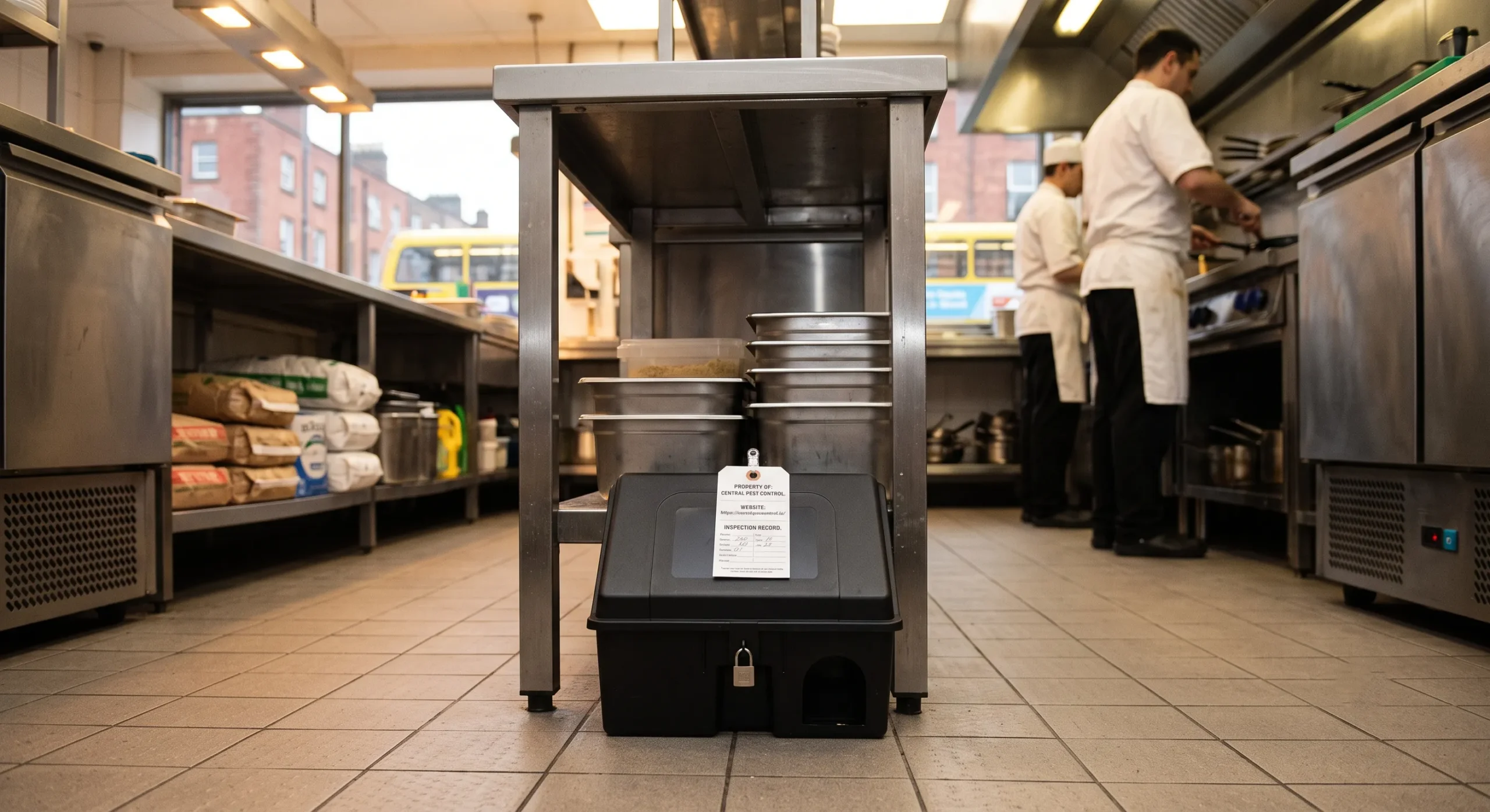 A tamper-resistant rodent bait station positioned in a Dublin business layout to proactively monitor and control hazards related to Rats & Food safety compliance.