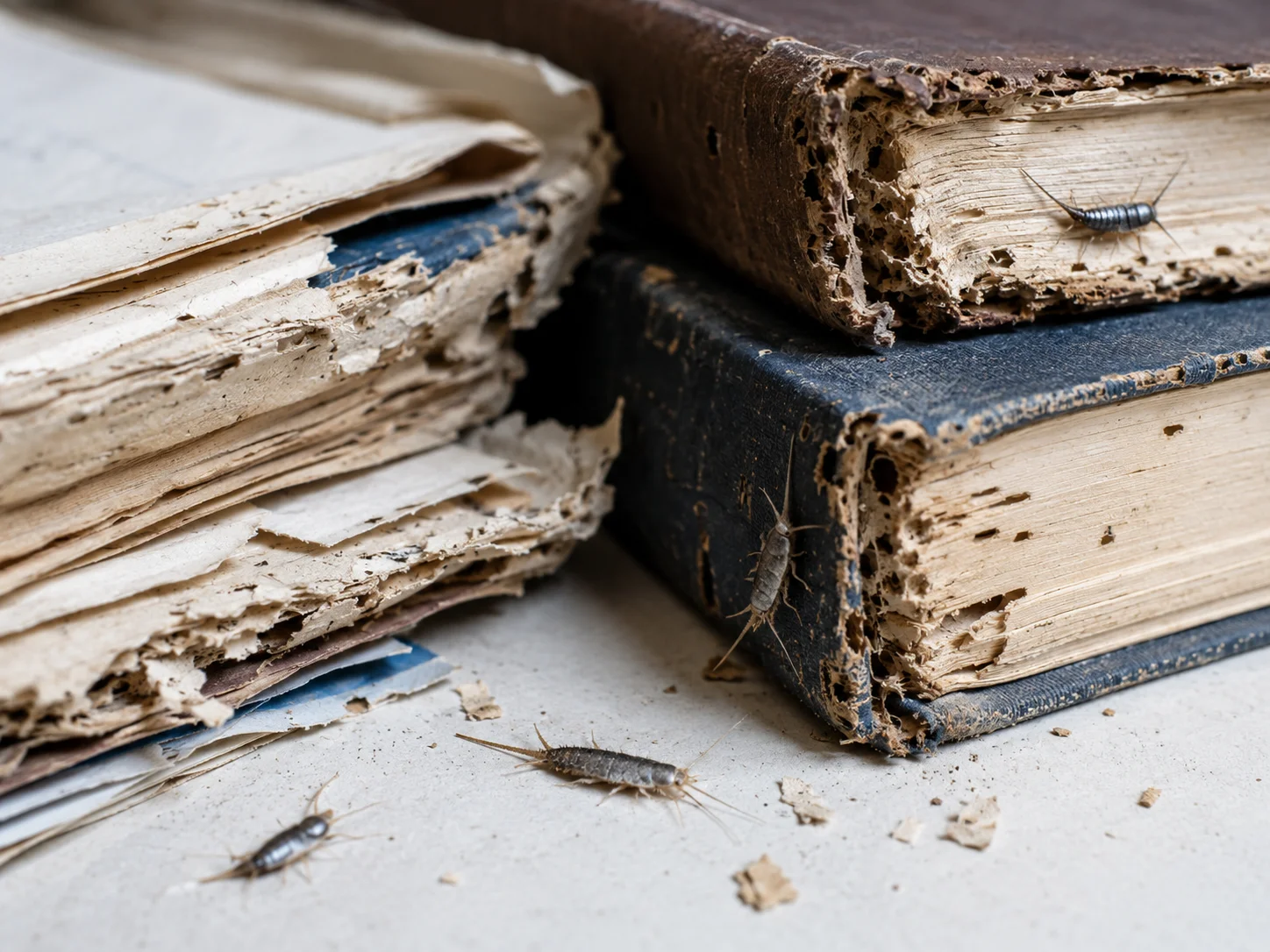 Close-up of paper edges and book bindings damaged by silverfish, highlighting when an infestation requires professional treatment.