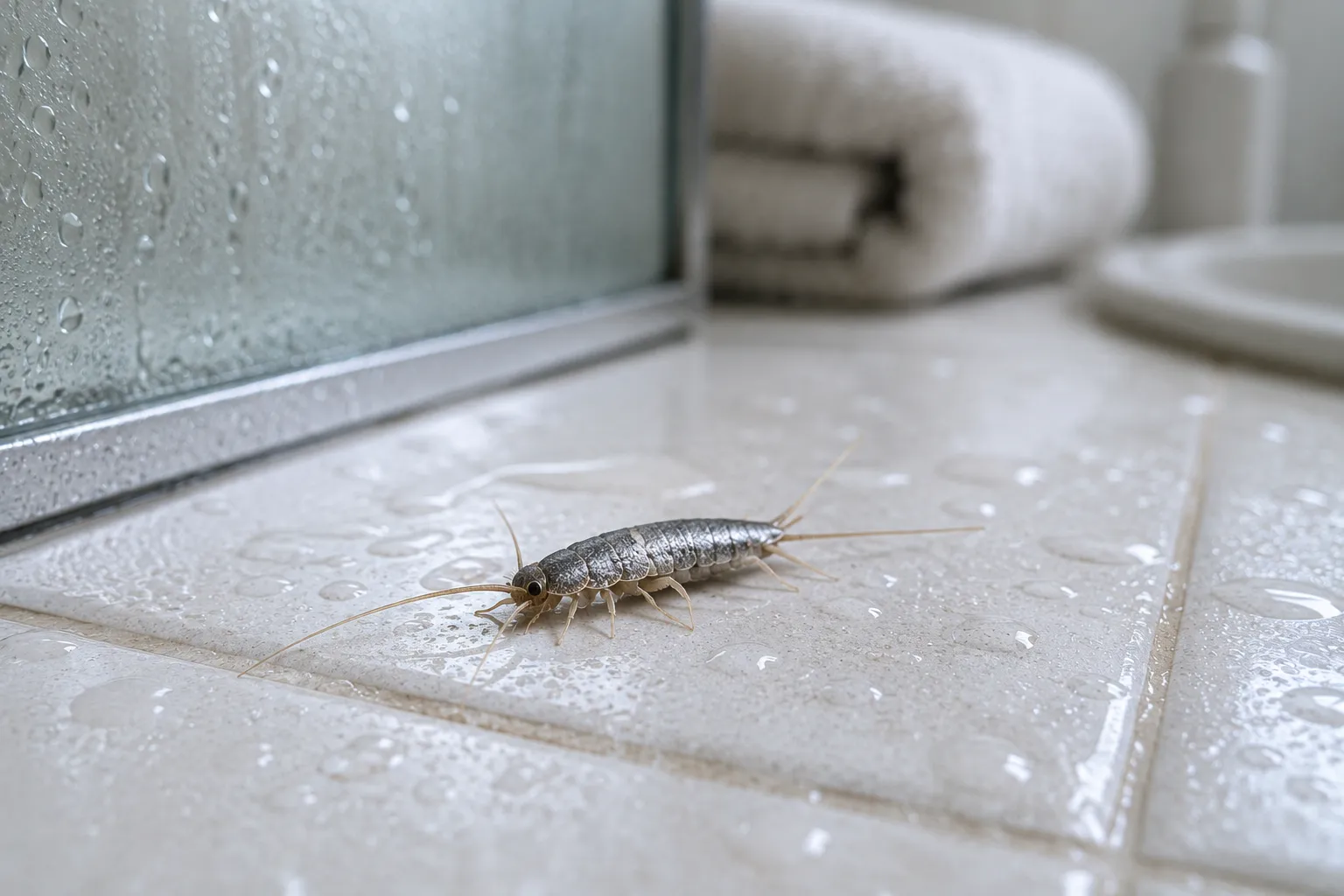 Silverfish on wet bathroom tiles near damp shower floor