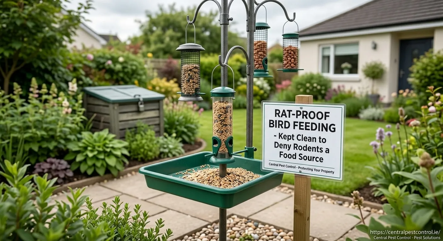 A clean garden bird feeding station with a catch tray to eliminate available food sources and help Get Rid of Rats.