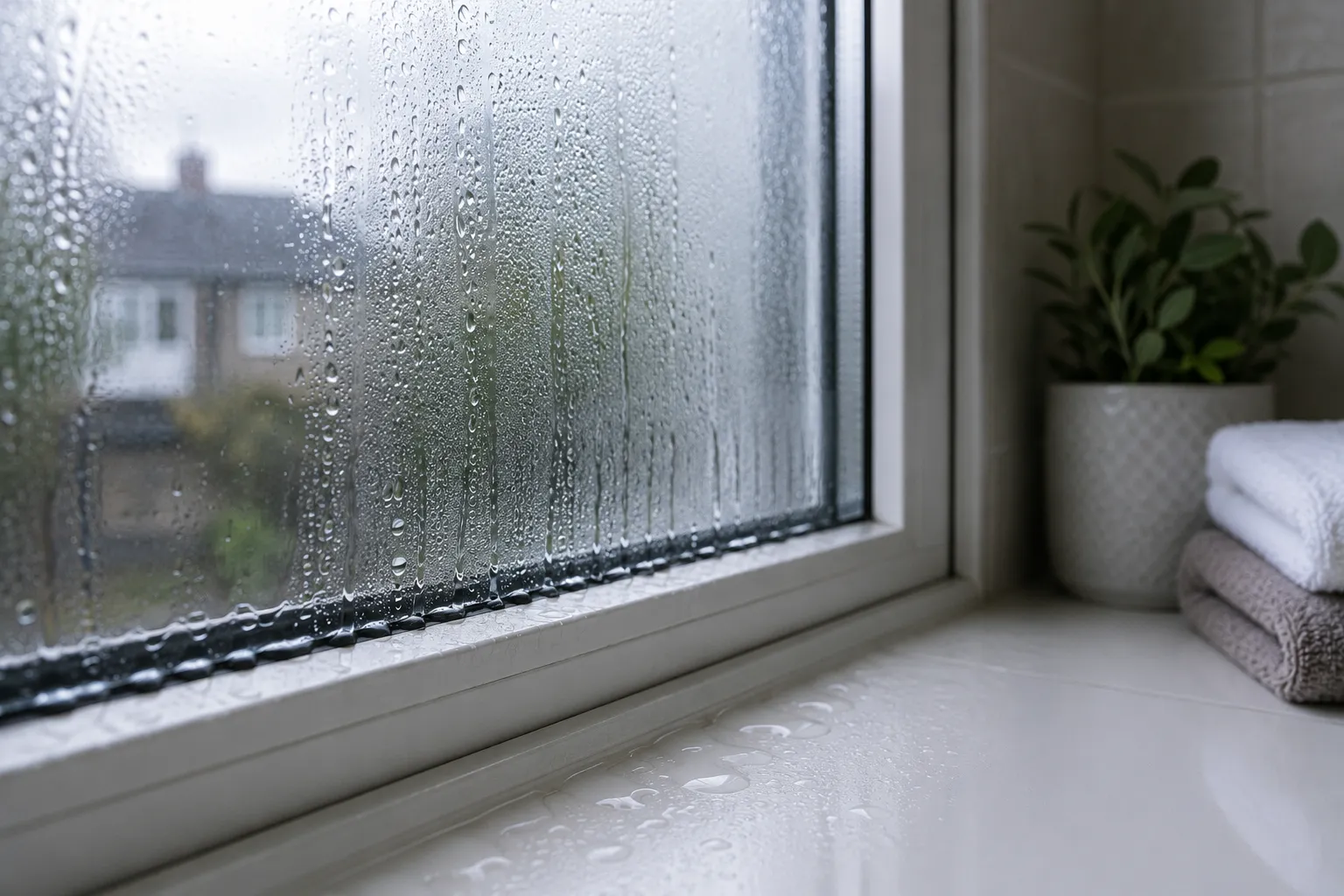 Water condensation pooling on a cold glass window