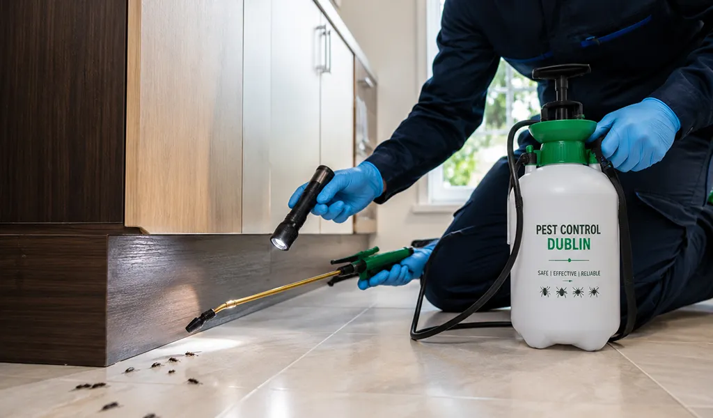 Same-day pest control Dublin technician inspecting a residential property for rodents and insects