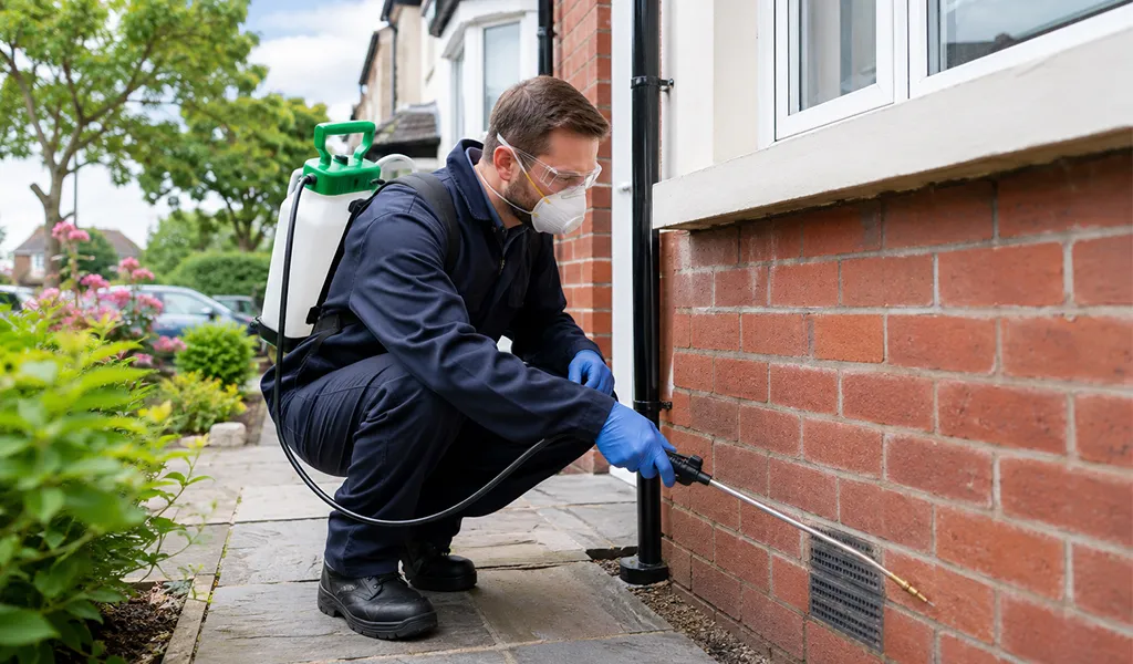 Local pest control services near me in Dublin with a licensed expert treating a home pest problem