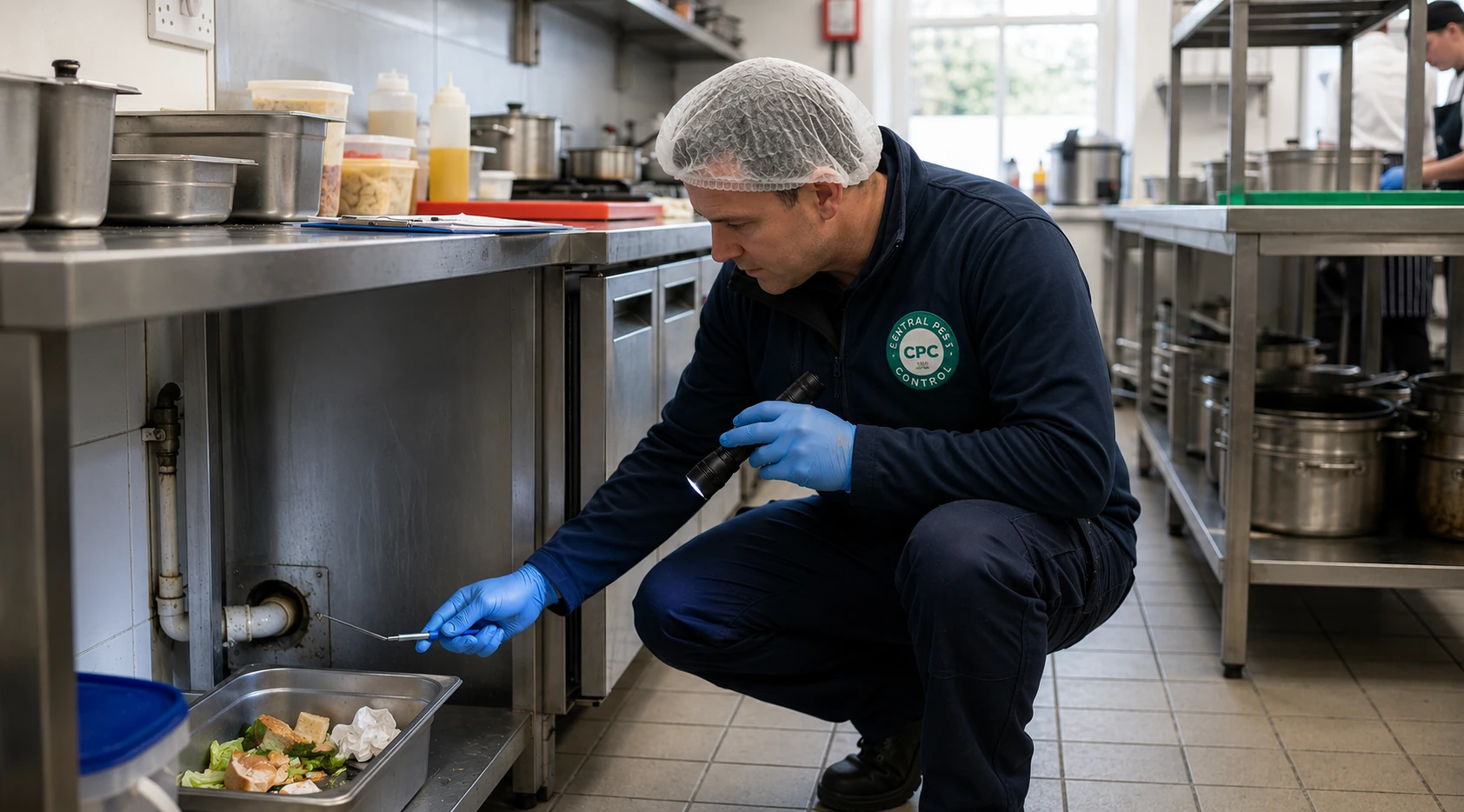 A certified pest control specialist performing a routine risk assessment in a Dublin café kitchen to secure entry points against rats.
