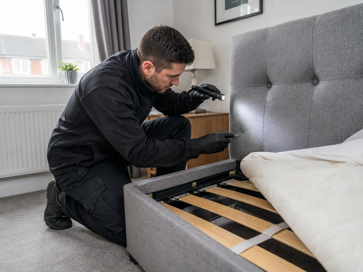 Certified technician conducting a bed bug inspection of a bed frame and headboard in a Dublin property.