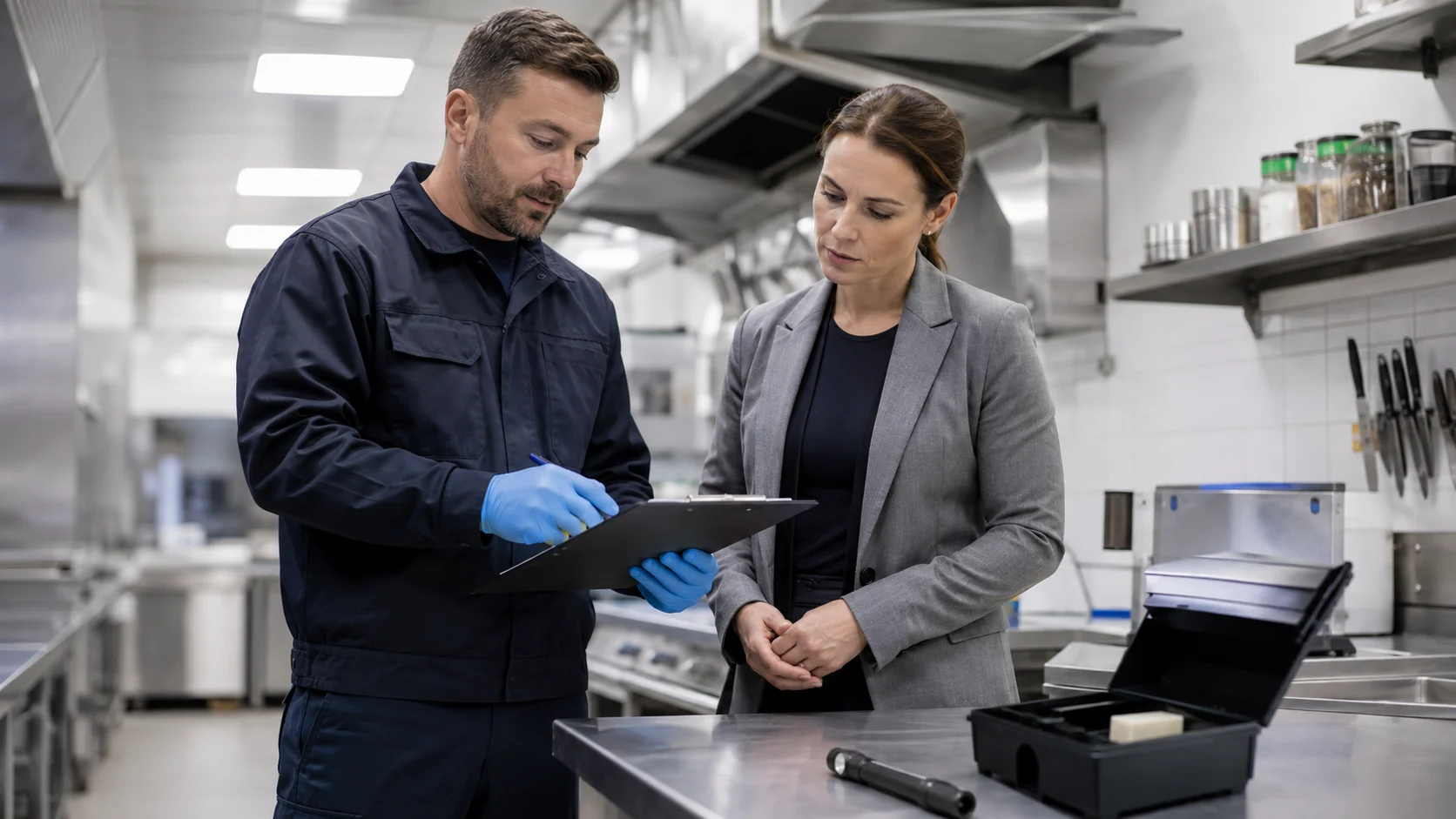Commercial Pest Control technician completing 10-point HACCP compliance documentation for a Dublin commercial client