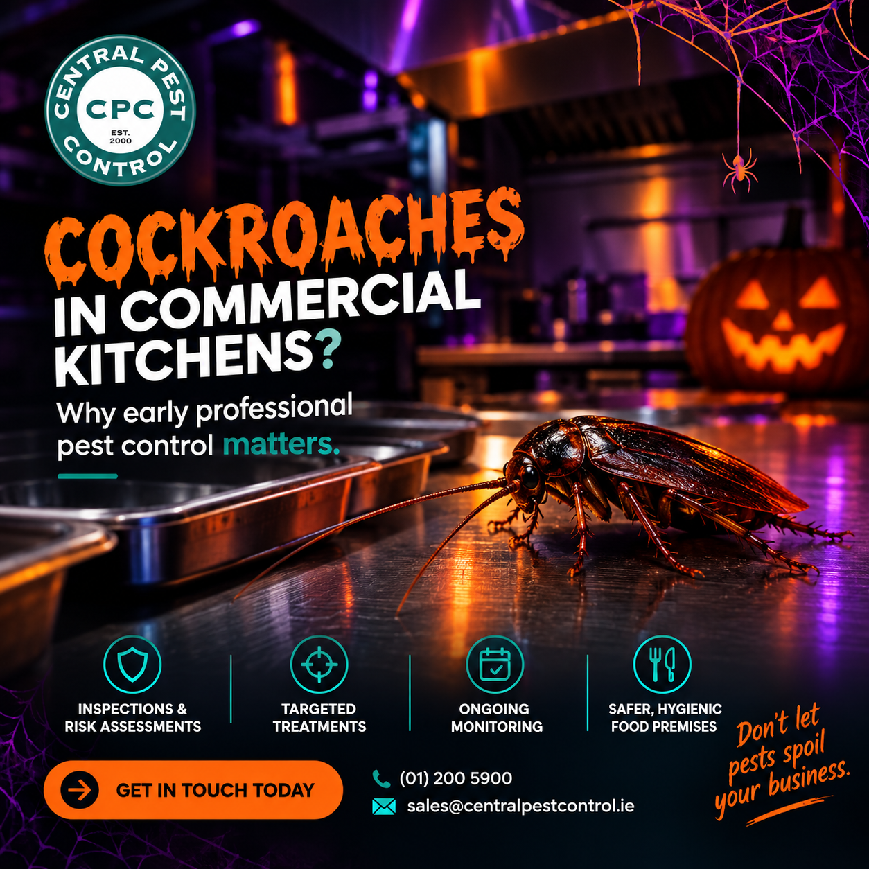 Central Pest Control graphic promoting professional cockroach control for commercial kitchens.